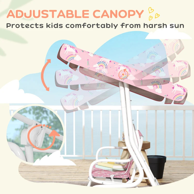 Kids pink porch swing with adjustable canopy, unicorn-pattern fabric over bench