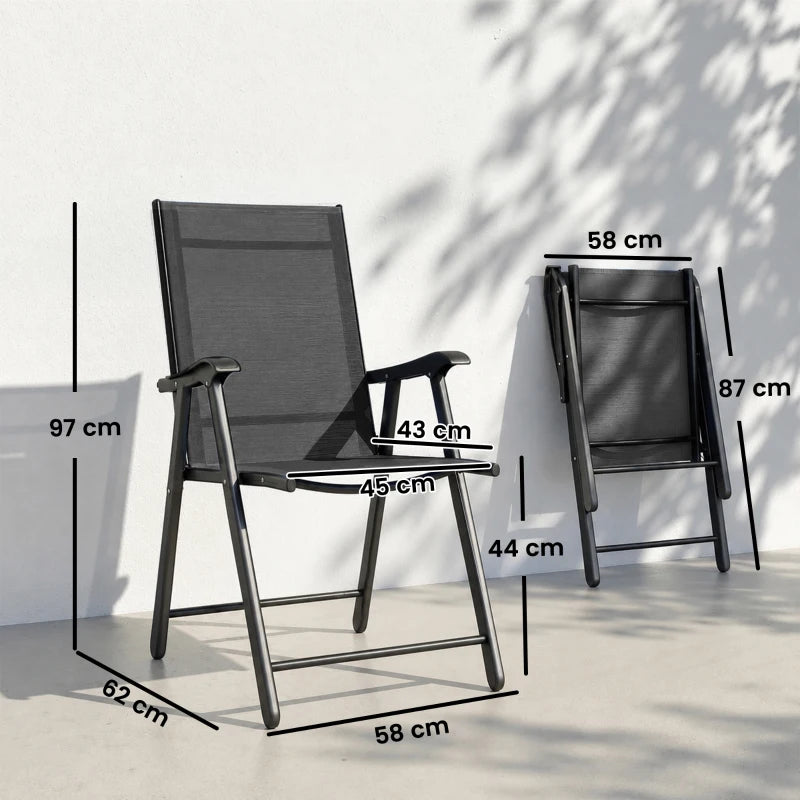Black folding high-back chair with armrests and texteline seat, compact folding frame