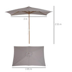 Light grey wooden parasol open with dimensions shown for canopy height and width