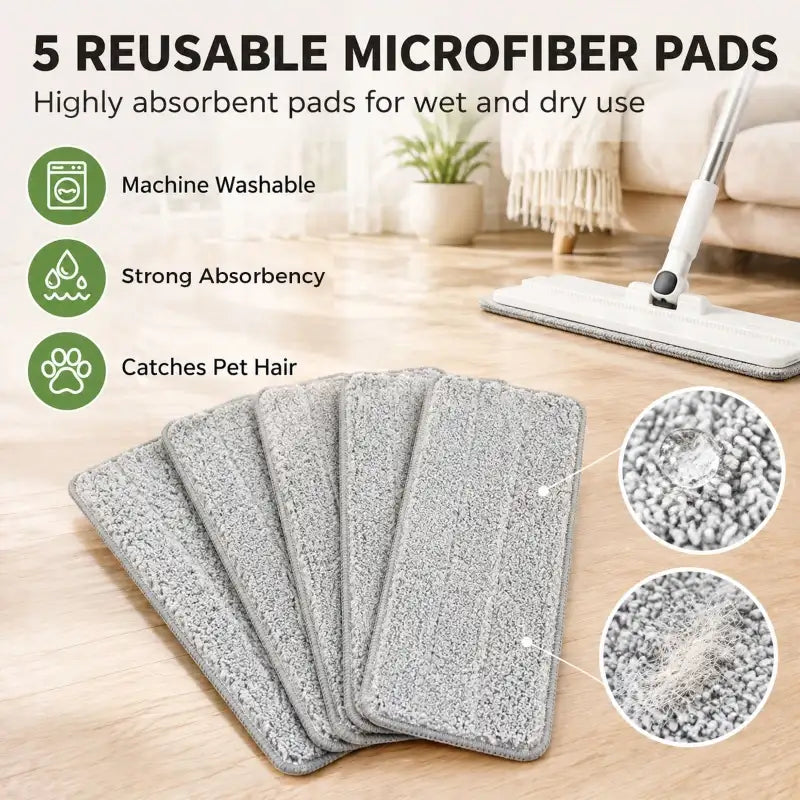 Reusable gray microfiber mop pads for wet and dry cleaning, set of five