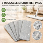 Reusable gray microfiber mop pads for wet and dry cleaning, set of five