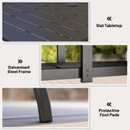 Black slat tabletop with steel frame, showing corner connection and legs