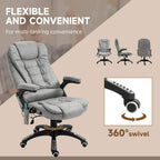 Grey massage recliner chair with 360° swivel, padded armrest, and footrest