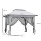 Light grey pop up gazebo with mesh curtains, front view with size lines