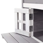 Grey wooden cat house door with metal hinges and latch hardware detail