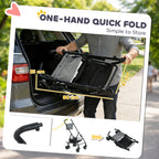 Grey pet stroller with one-hand quick fold and compact folded storage