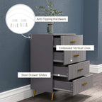 Dark grey dresser with embossed vertical lines, gold-tone bar handles, open drawer fronts