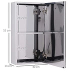 Stainless mirror storage cabinet interior with adjustable shelves and door hardware
