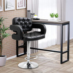 Black upholstered swivel bar stool with tufted back, armrests, height-adjust metal base