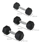 Black hex rubber dumbbells with chrome handles and size dimensions