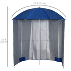Blue beach umbrella shelter with silver-lined side panels and central support pole