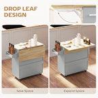 Grey kitchen island cart showing closed and expanded drop-leaf table with side shelf