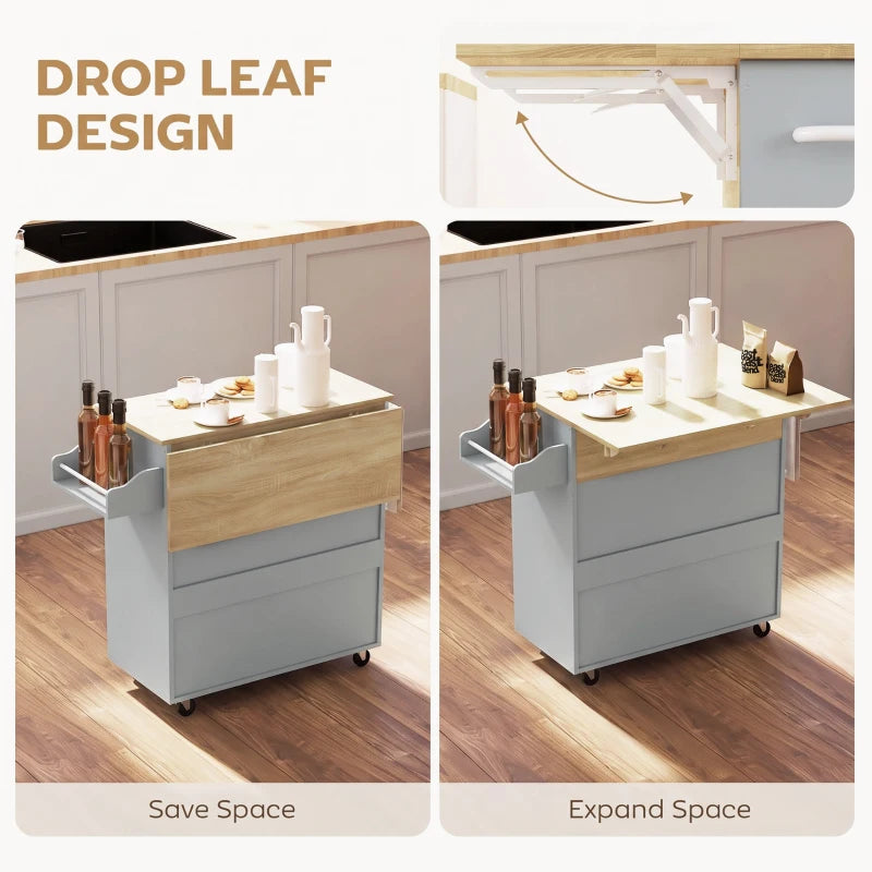 Grey kitchen island cart showing closed and expanded drop-leaf table with side shelf