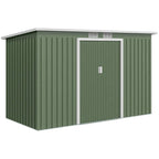 Light green metal garden shed with double doors and roof vents