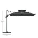 Grey cantilever parasol with side-mounted pole and open canopy, cross base.