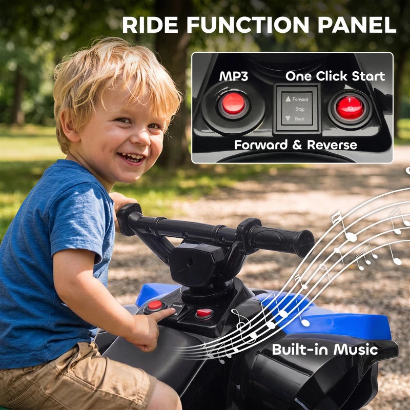 Blue electric ATV with handlebar control panel and built-in music