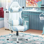 Light blue and white gaming chair with faux leather, reclining seat, and armrests.