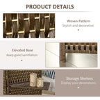 Brown woven privacy screen divider with storage shelves and elevated base