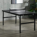 Black folding ping pong table with attached net and sturdy frame