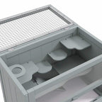 Grey hamster cage interior with mesh lid, curved platforms and open side access
