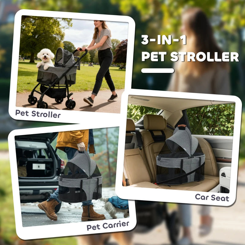 Grey foldable pet stroller kit with carrier insert shown in stroller and car views