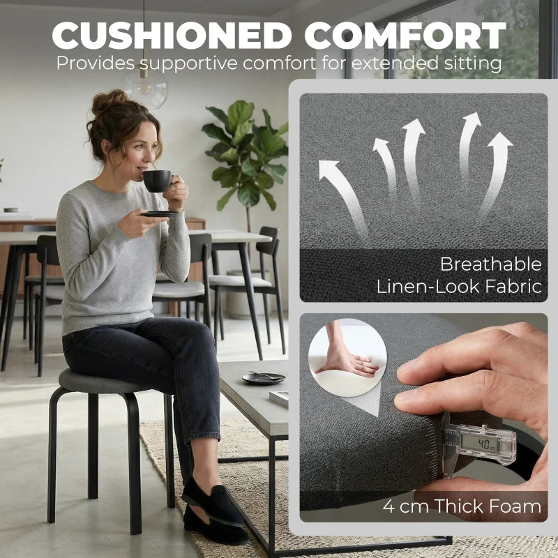 Dark grey round cushioned backless stool with textured upholstery and black legs