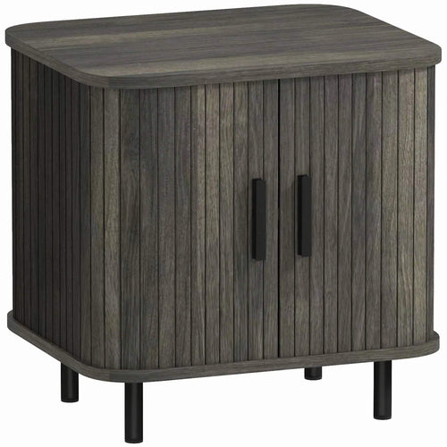 Grey bedside table with roller shutter-style sliding doors and metal legs