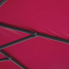Wine-red parasol canopy close-up with metal rib and fastener at joint