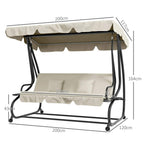 Cream three-seat swing chair bed with canopy, padded seat, and two throw pillows.