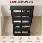 Black dresser with 5 fabric drawers shown open for folded clothing storage.