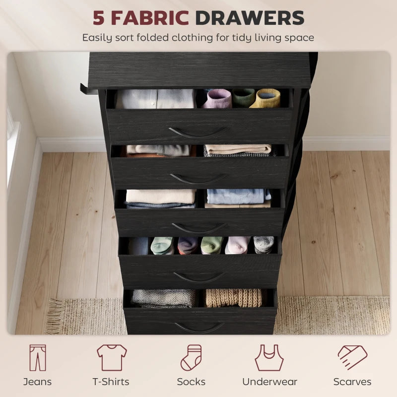 Black dresser with 5 fabric drawers shown open for folded clothing storage.
