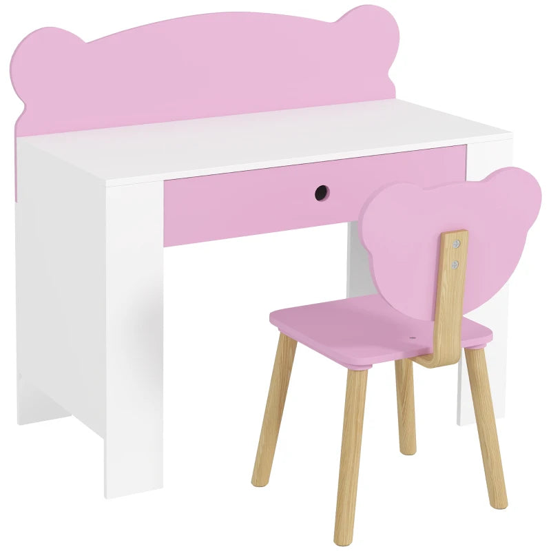 Pink bear-themed kids desk with drawer and matching wooden-legged chair set