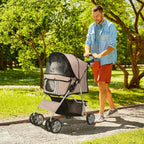 Brown pet stroller with mesh canopy, wheels, and side door open for your dog
