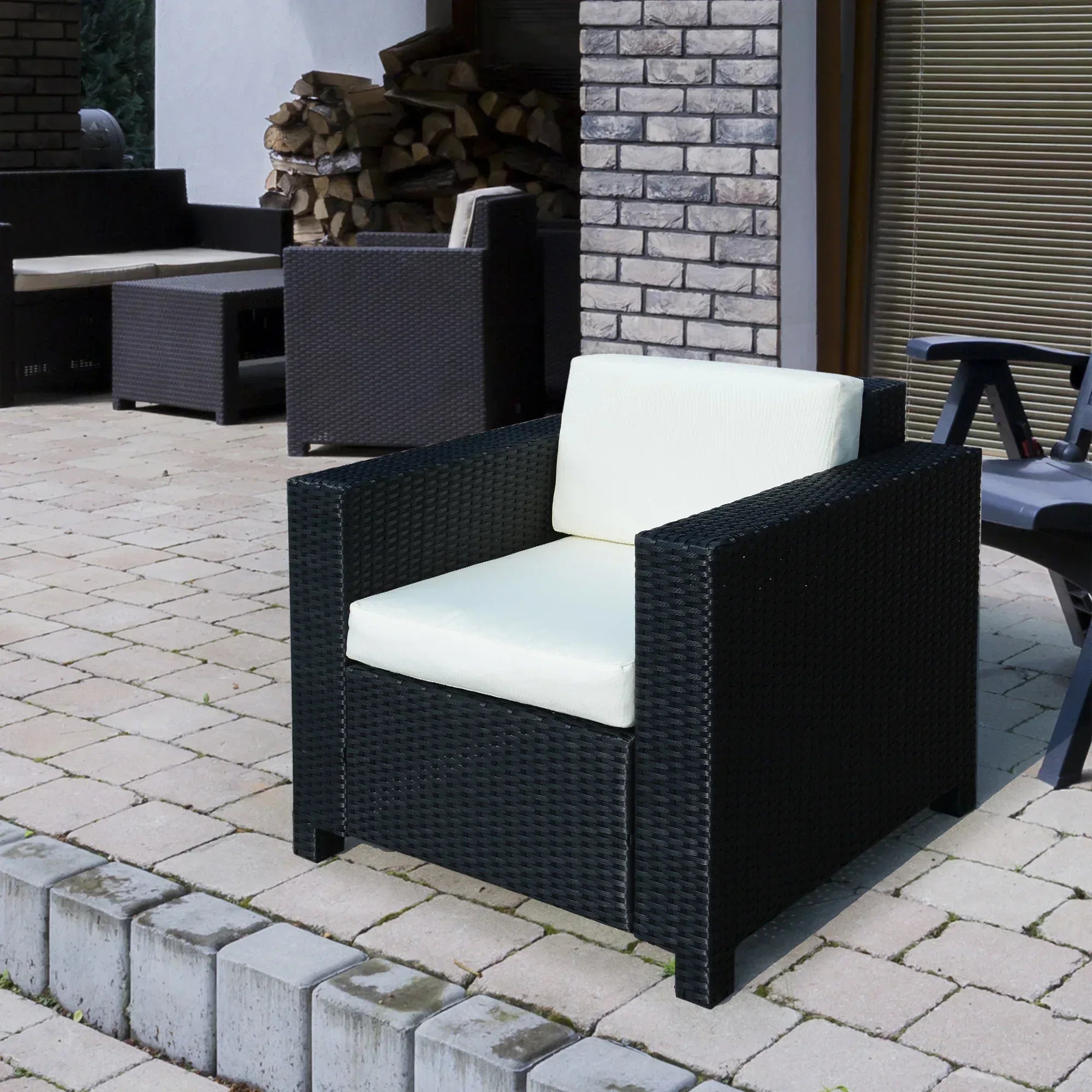 Single Seater Rattan Chair Sofa with 10 cm Thick Padded Cushion, All-Weather PE Wicker Weave Garden Armchair with Armrests, Black - Bobobiy