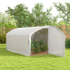 White walk-in greenhouse with arched roof and open front door for plants