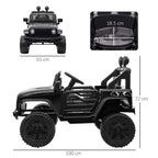 Black kids electric ride-on car side view with mesh grille and large off-road wheels