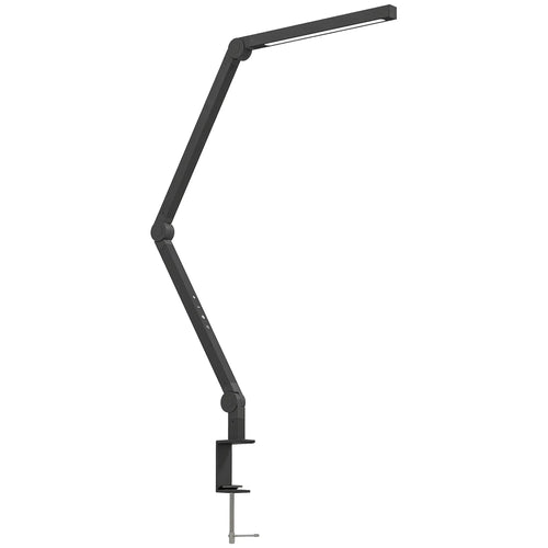 Black LED desk lamp with adjustable swing arm and clamp