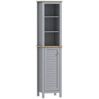 Grey tall slim bathroom storage cabinet with 3 open shelves and a louvered door.