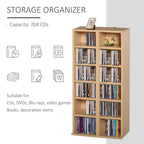 Natural wood media storage organizer with two-column open shelving for CDs and cases
