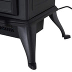 Black electric fireplace heater with angled support legs and lower vent opening