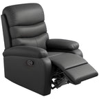 Black PU leather manual reclining chair with padded armrests and retractable footrest