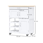 White rolling kitchen trolley with drawer, door cabinets, and wine rack; size labeled