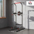 Black power tower frame with pull-up bar, dip handles, and stable base supports