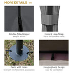 Grey gazebo canopy details: double-sided zipper, hook-and-loop curtain ties