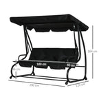 Black three-seater garden swing bed with dimensions shown, canopy and padded bench