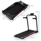 Folding electric treadmill showing black running deck, red trim, and front wheels