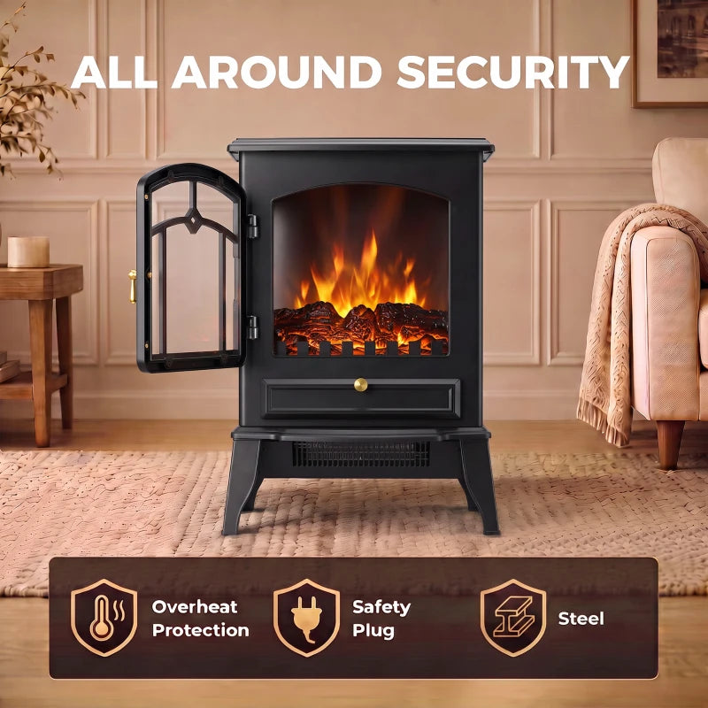 Black electric fireplace stove with three-sided frame and front glass flame window