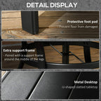Black outdoor table features slatted U-shaped metal tabletop and protective foot pads