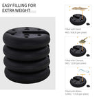 Black heavy-duty tent leg weight plate stack showing fillable top holes