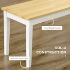White wood dining bench corner view with pine top and anti-slip foot pads.